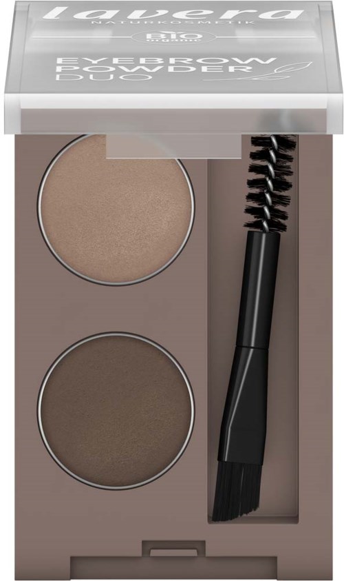 Eyebrow duo kit with two shades of brow powders and a small spiral brush.