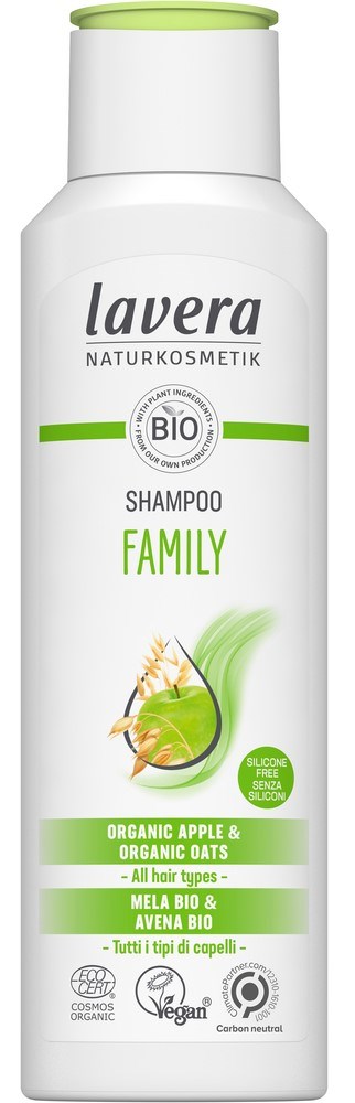 Valkoinen shampoopullo Merkillä 'Lavera', sisältää luomuaapletta ja kauraa, sopii kaikille hiustyypeille, vihreällä ja keltaisella aksentilla.