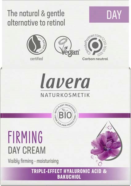 Tarra näyttää Lavera kiinteyttävä päivävoide hyaluronic-sian ja bakuchiol-ainesosilla, sertifioitu orgaaninen ja vegaaninen, luonnolliseen ihonhoitoon.