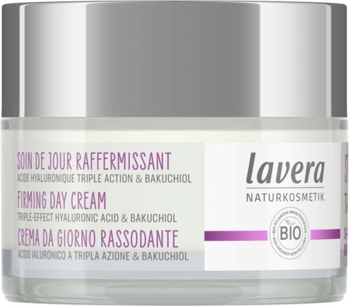 Lavera Naturkosmetik -sivellinvoide, jossa bio-merkki, pääosin valkoinen ja violetit korostukset.