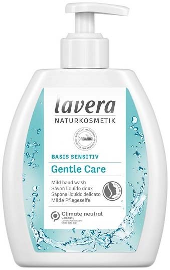 En vit flaska med pump visar Lavera Gentle Care handtvål med ekologiska och klimatneutrala märken.