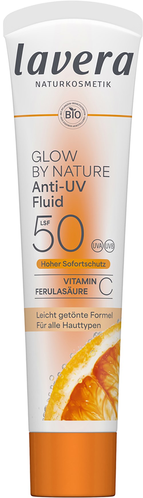 Lavera solskyddsmedelkanna med orange och vit design, SPF 50, vitamin C och citrusfruktbild.