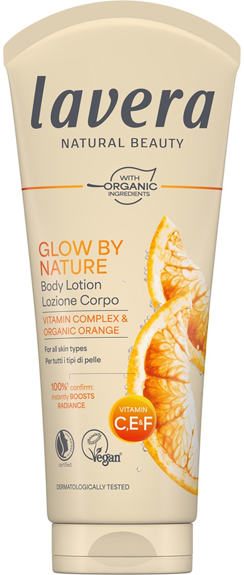 Een beige tube met bodylotion van Lavera, met oranje en witte accenten, toont een afbeelding van een sinaasappel.
