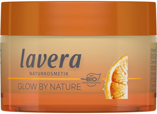Lavera ihonhoitotuote, jossa on oranssi kansi ja etiketti appelsiiniviipaleesta. Brändi korostaa luonnollisia, luomuraaka-aineita.