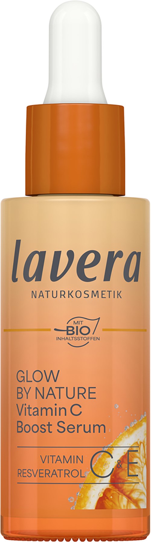 Lavera C-vitamiinisiirappi vaaleassa pullossa, jossa valkoinen tiputin ja oranssi korkki. Teksti: Glow by Nature.