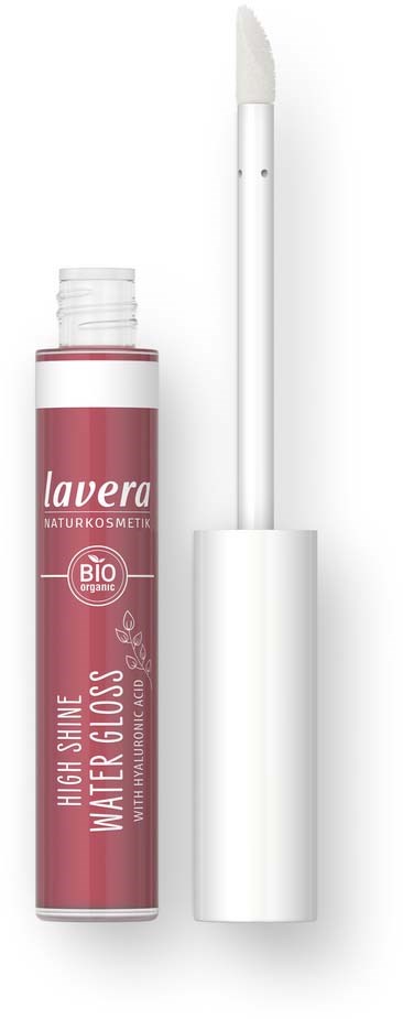 Läppglansflaska med vit applikator och rosa etikett. Produktnamn är Lavera High Shine Water Gloss.