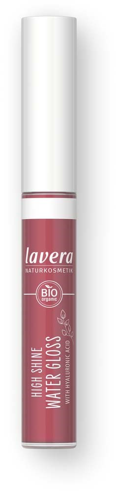 Ett läppglans i ett långt, smalt behållare med en rosa etikett. Det har en vit hatt och är märkt 'Lavera.'