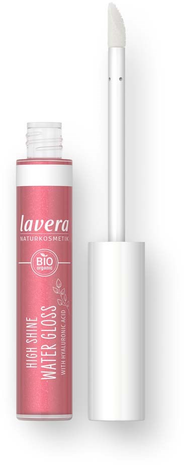 Vaaleanpunainen putki Lavera High Shine Water Gloss -huulikiiltoa ja valkoinen levitystikku.