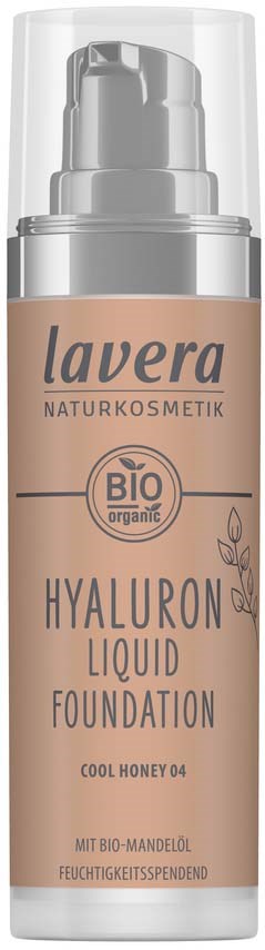 Lavera Hyaluron Liquid Foundation pumppapullo vaaleanbeigesillä etiketeillä ja mustalla tekstillä, jossa on lehtikuvio.