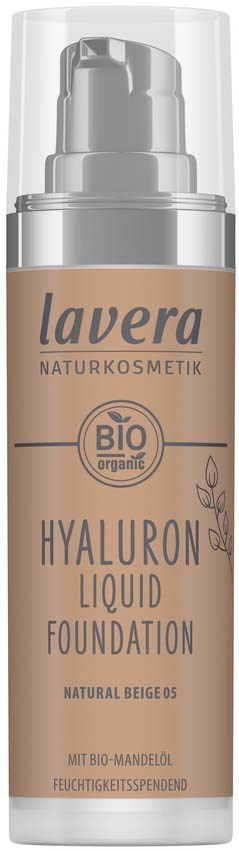 Beige pullo pumppulla, nimeltään Lavera Hyaluron Liquid Foundation, pienine kasviillustraatioineen ja luomukoeiltoine.