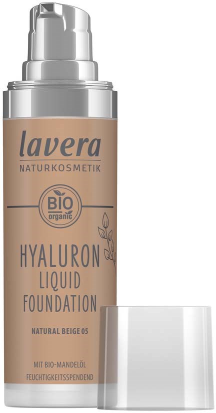 Beige ja hopea tuubipullo La Vera Hyaluron Liquid Foundation, avattu korkki, näytetty etiketti ja sopiva kansi.