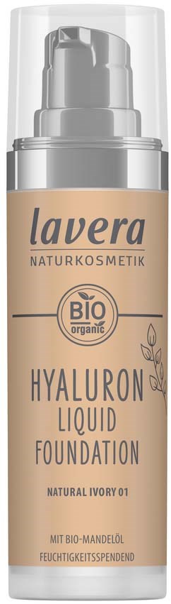 Lavera Hyaluron nestemäinen meikkivoide pumppupullossa, merkattu ekologiseksi, luonnollinen ivori väri, sisältää mantelia kosteutukseen.