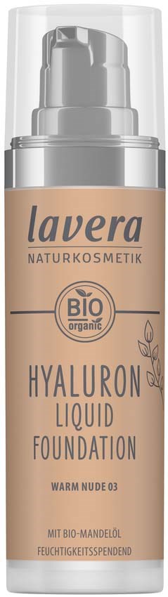 Tuote on beige pumppupillinen pullo, jossa lukee 'Lavera Hyaluron Liquid Foundation' ja läpinäkyvä kansi.