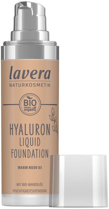 Beige Lavera-hyaluronin nestemäisvarasäätiö, jossa pumppu, merkki luomua ja lämmin nude-voide.