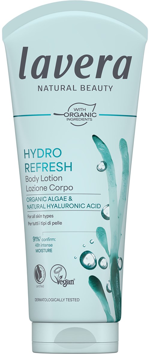 Lavera Hydro Refresh bodylotion bevat natuurlijke ingrediënten, is veganistisch, licht en belooft 96% hydratatie en verfrissing van de huid.
