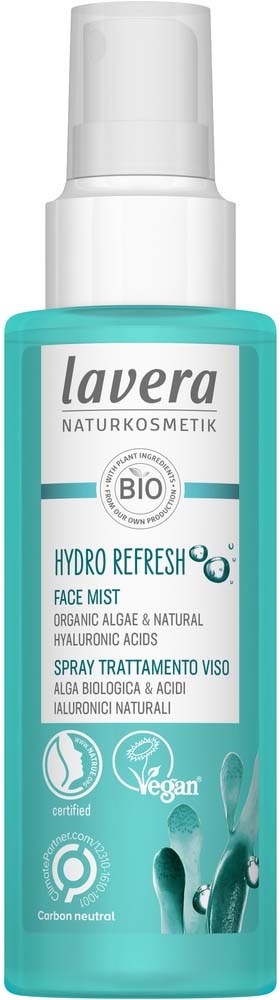 Turkoosin värinen suihkepullo, jonka etikassissa lukee Lavera Hydro Refresh Face Mist, luonnolliset ainesosat ja vegaaninen sertifikaatti.