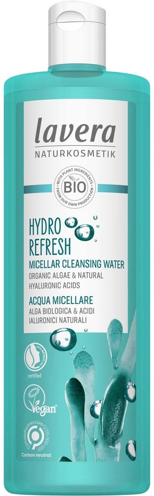 Turkoosi Lavera Hydro Refresh Micellar Cleansing Water -pullossa, jossa valkoinen ja sininen etiketti ja vesipisarakuvio.