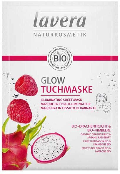 Ett ansiktsmaskblad med hallon och drakfrukt som ska få huden att glänsa. På förpackningen finns bilder av frukterna.