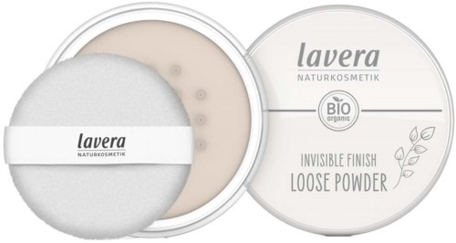 En beholder med løs pudder og en applikatorpuff til makeup, mærket som økologisk og usynligt finish.
