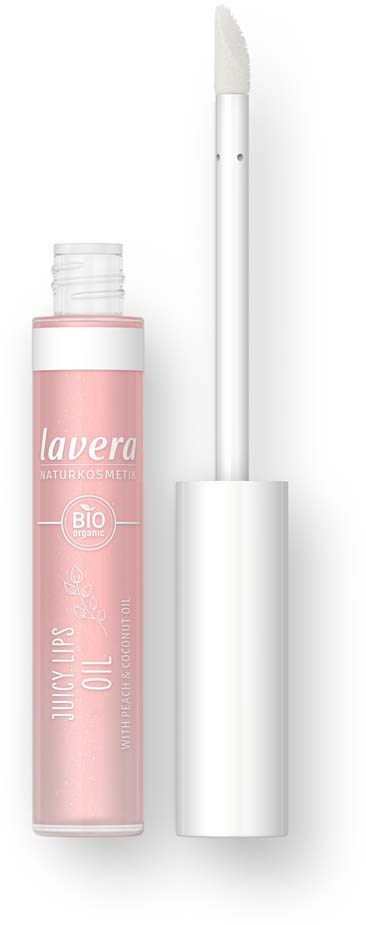 En rosa flaske med hvit lokk og en lang hvit applikator, merket "lavera" og "LIP CARE OIL."