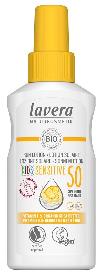 Lavera BIO børnesolcreme med SPF 50, indeholder vitamin E og økologisk sheasmør, vegansk, velegnet til sensitiv hud.
