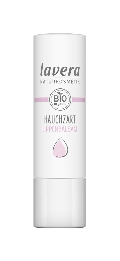 Valkoinen putkilopakkaus, jossa on vaaleanpunaista ja harmaata tekstiä, merkattu 'Lavera BIO organic' ja 'Lippenbalsam'.