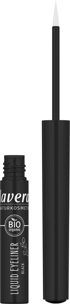 A black liquid eyeliner pen with a fine brush tip, with a label showing organic and bio certifications.
