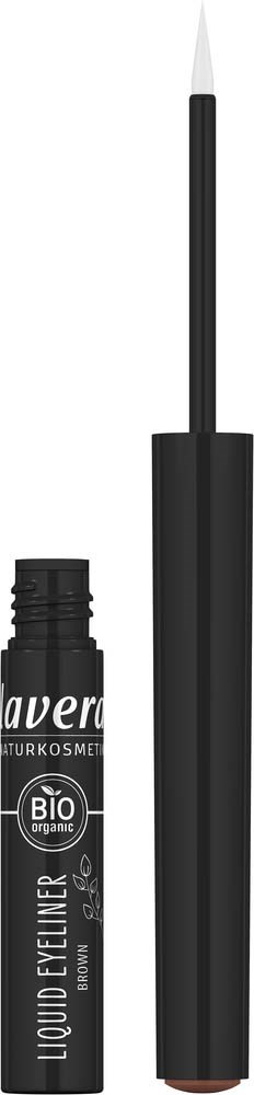 Black liquid eyeliner with a thin white brush tip and a black cap and container label.