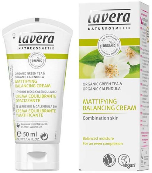 A tube and box of Lavera organic green tea and calendula balancing cream for combination skin.