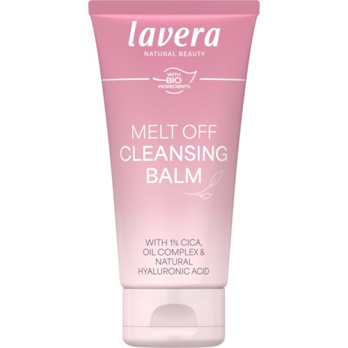 Pink tube of Lavera Melt Off Cleansing Balm with ingredients listed on the front.