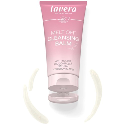 Pink tube of Lavera melt off cleansing balm with swipes of the product on both sides.