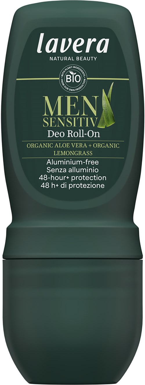 En roll-on deodorant merket 'Lavera Men Sensitive' med naturlige ingredienser, sitrongress duft, og 48-timers beskyttelse.