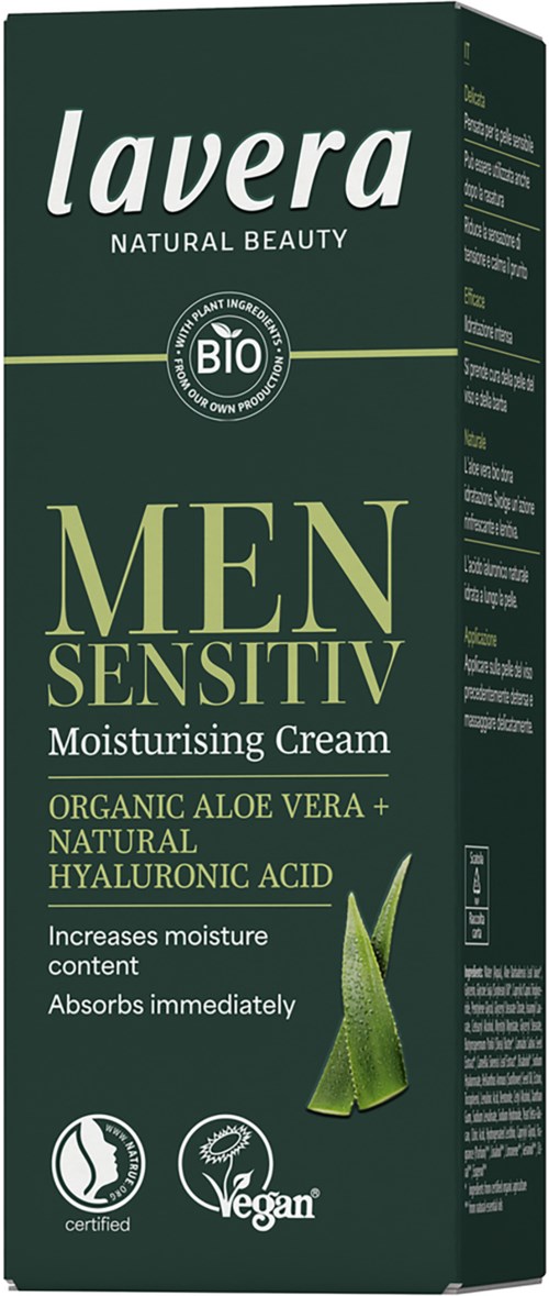 Lavera Men Sensitive fugtighedscreme med aloe vera og hyaluronsyre, vegansk, økologisk, øger fugtindholdet, absorberes hurtigt.