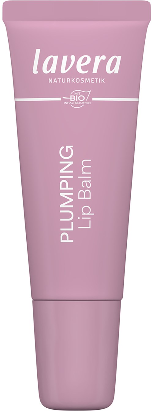 Vaaleanpunainen tuubi Lavera plumping huulirasva, teksti ja logo valkoinen.