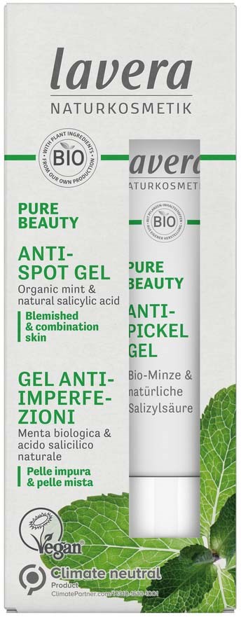 Lavera Anti-Spot Gel in grüner und weißer Verpackung, mit Minze und Salicylsäure, vegan.
