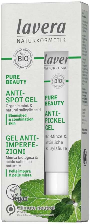 Eine Schachtel Lavera Anti-Pickel-Gel mit natürlichen Inhaltsstoffen, grüne und weiße Verpackung, mit Blätterdesign.