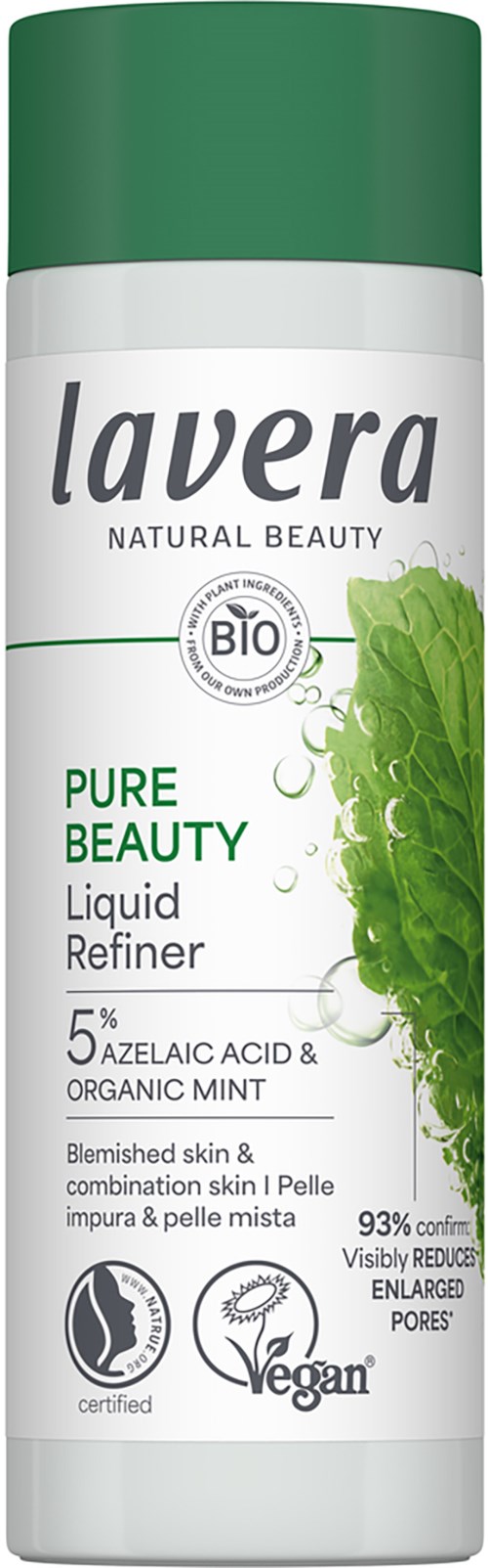 Lavera Pure Beauty Liquid Refiner - tölkkä, jossa piparminttu ja eldesiinihappo, iholle, vegaaninen ja orgaaninen.