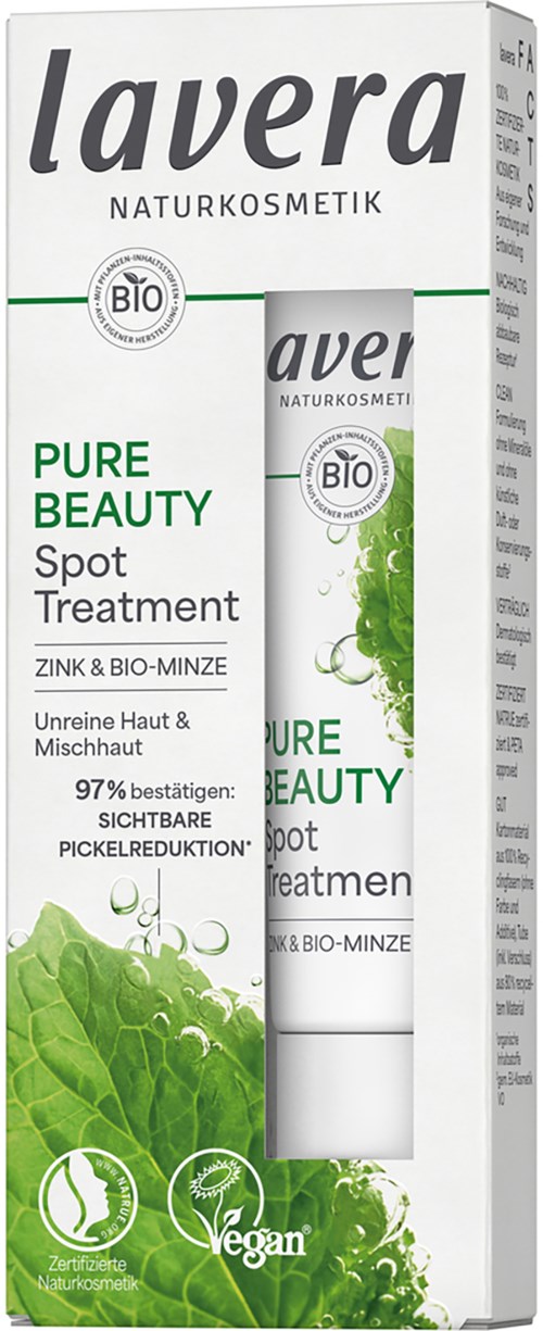 Eske for et hudpleieprodukt med grønne blader og hvit bakgrunn, merket 'Lavera Pure Beauty Spot Treatment' med naturlige og veganske ikoner.