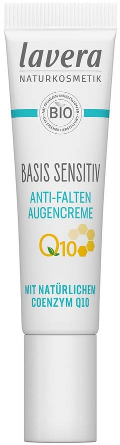En vit tub med Lavera-märket, blå och gula accenter, som hävdar att vara känslig, anti-rynkningsögonkräm med naturlig koenzym Q10.