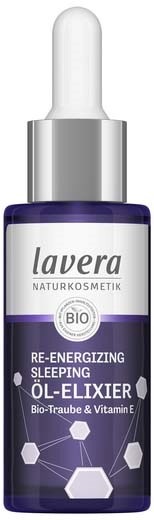 En liten glassflaske med pipette, merket Lavera, inneholder en sovende olje med naturlige ingredienser og vitaminer.