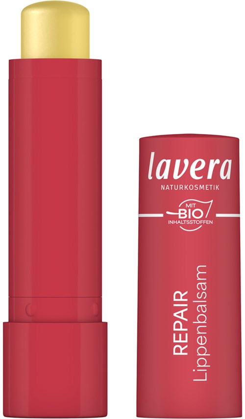 Punainen huulivoide, jossa on kultainen korkki ja erillinen punainen tuubi, jossa lukee Lavera Repair Lippenbalsam.