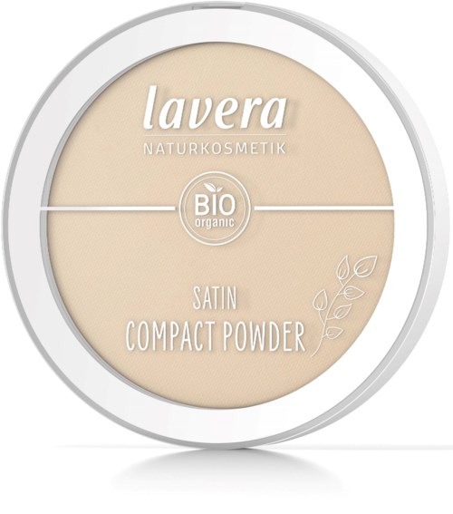 Laveran satiinipuuteripakkaus, joka on luomumerkitty, beige väri, ja oikealla puulatekstiilejä.
