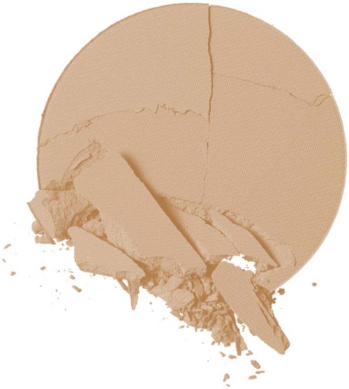 En rund beige sminkepute med noen knuste biter og pulver spredt rundt.