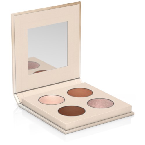 A cream-colored makeup palette with four round shades and a mirror inside the lid.
