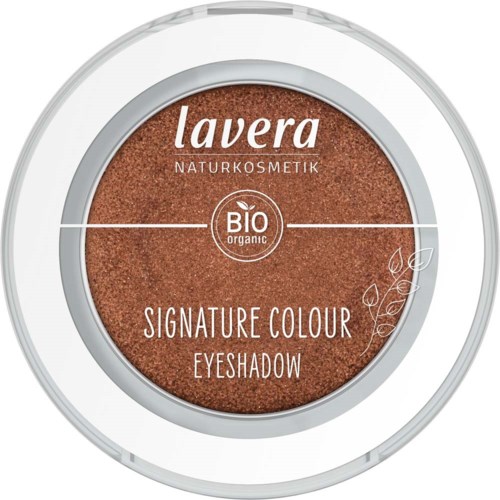 Pyöreä luomiväripurkki ruskealla värillä ja valkoisella tekstillä. Siinä lukee "Lavera," "Bio," ja "Signature Colour Eyeshadow."