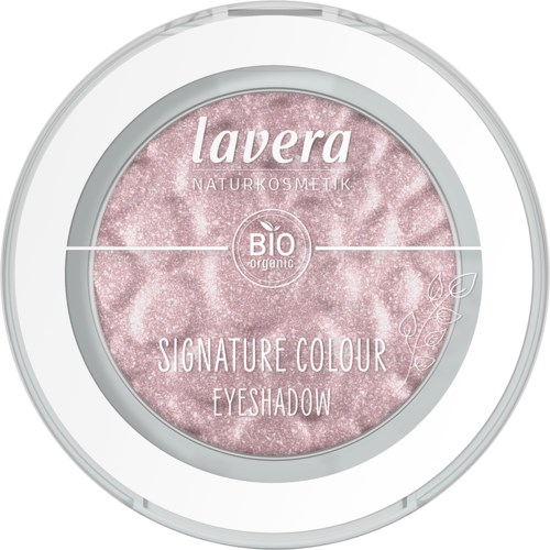 Lyserød glitter øjenskygge med hvid tekst og blomsterdesign i gennemsigtigt emballage.