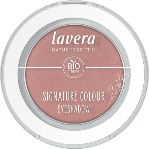 Ett runt ögonskuggaskåp med rosa färg och text om naturligt, ekologiskt och signaturfärger. Innehåller bladillustration.