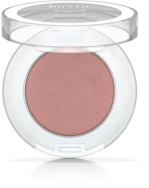 En rosa blush i en rund genomskinlig platta med ett transparent lock.