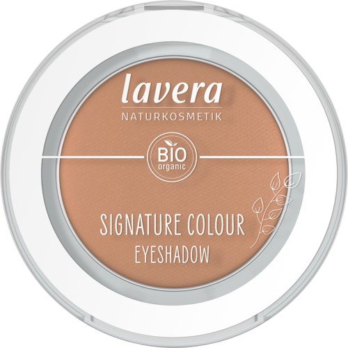 En rund øjenskyggeemballage med brun farve, mærke for Lavera økologisk kosmetik, og blomsterdesign.