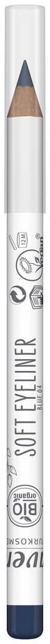 En hvid pen med sort og blå tekst og ikoner, mærket "SOFT EYELINER," har en beige spids.